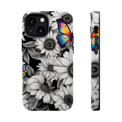 Rainbow Butterflies & Monochrome Sunflowers – MagSafe iPhone Case