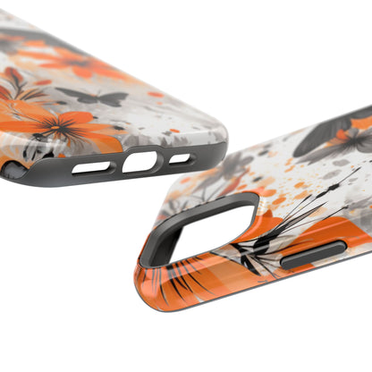 Orange Blossom & Black Butterfly MagSafe iPhone Case – Bold Floral Pattern with Modern Abstract Style