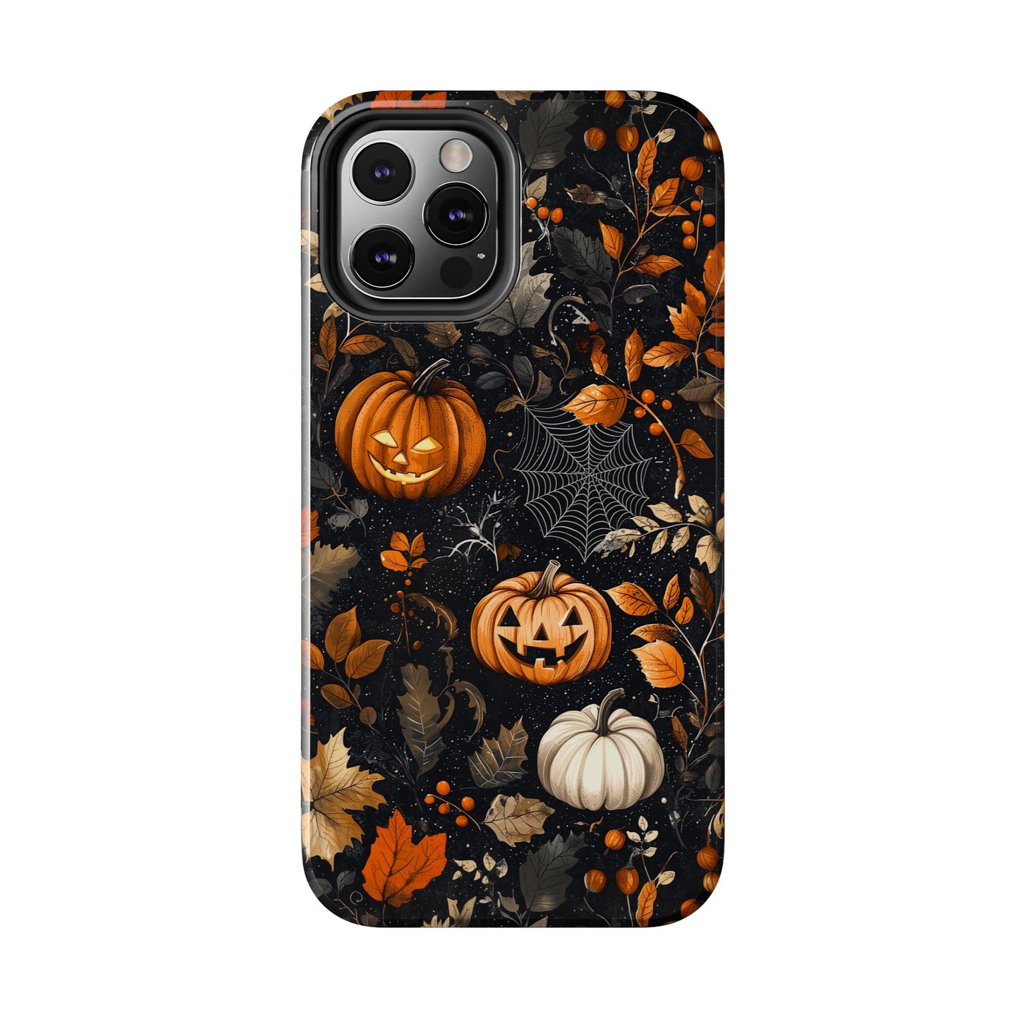 Elegant Halloween iPhone Case – Pumpkin Jack-o'-Lanterns, Cobwebs & Autumn Foliage Design