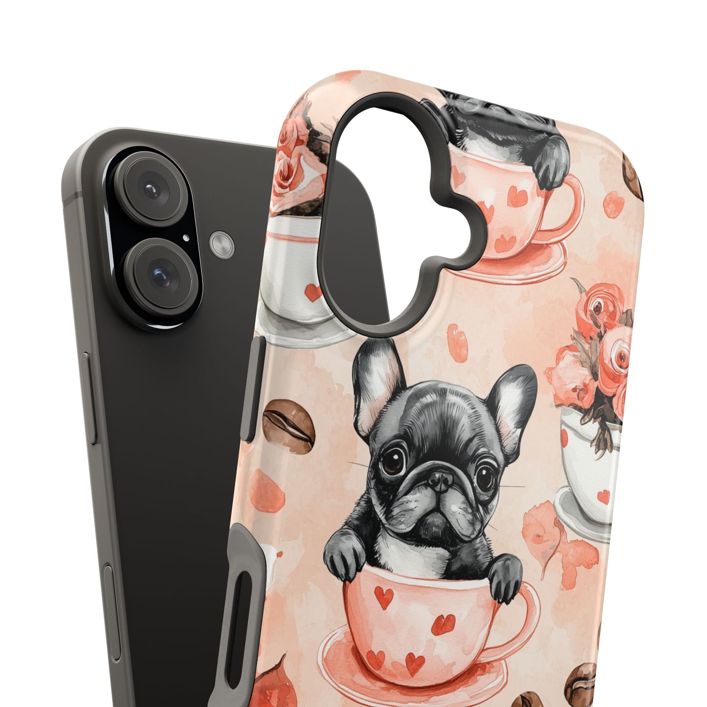 French Bulldogs in Heart Teacups MagSafe iPhone Case – Cute Dog & Floral Design, Shockproof Protection