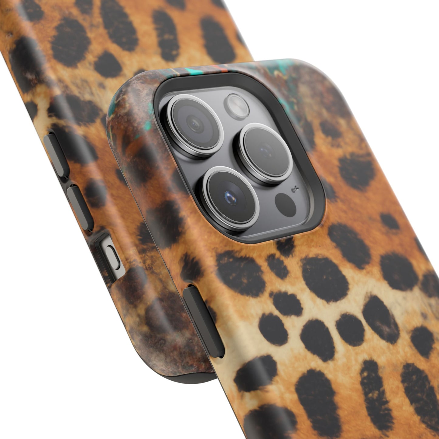 Rustic Leopard Print Tough MagSafe iPhone Case – Distressed Turquoise and Animal Pattern with Dual-Layer Protection