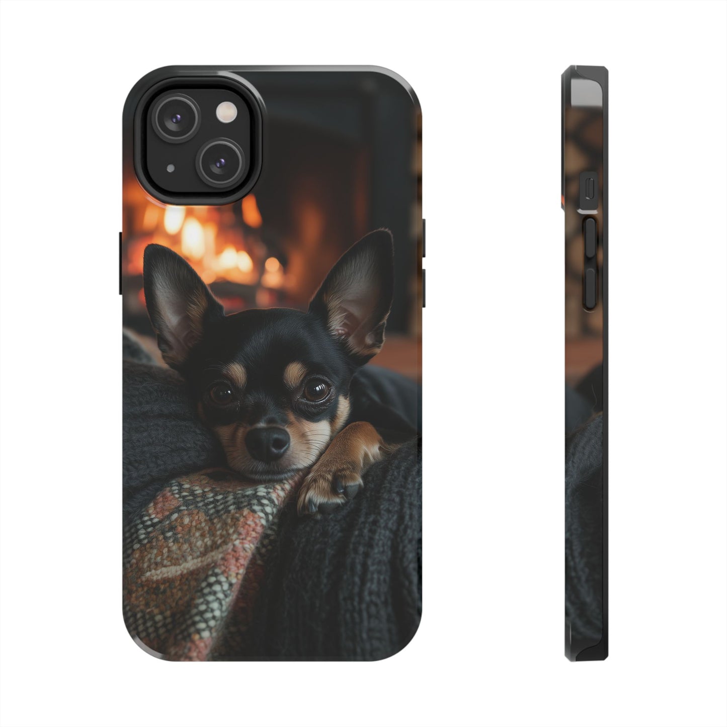 Cozy Chihuahua Fireplace iPhone Case – Warm and Stylish Design