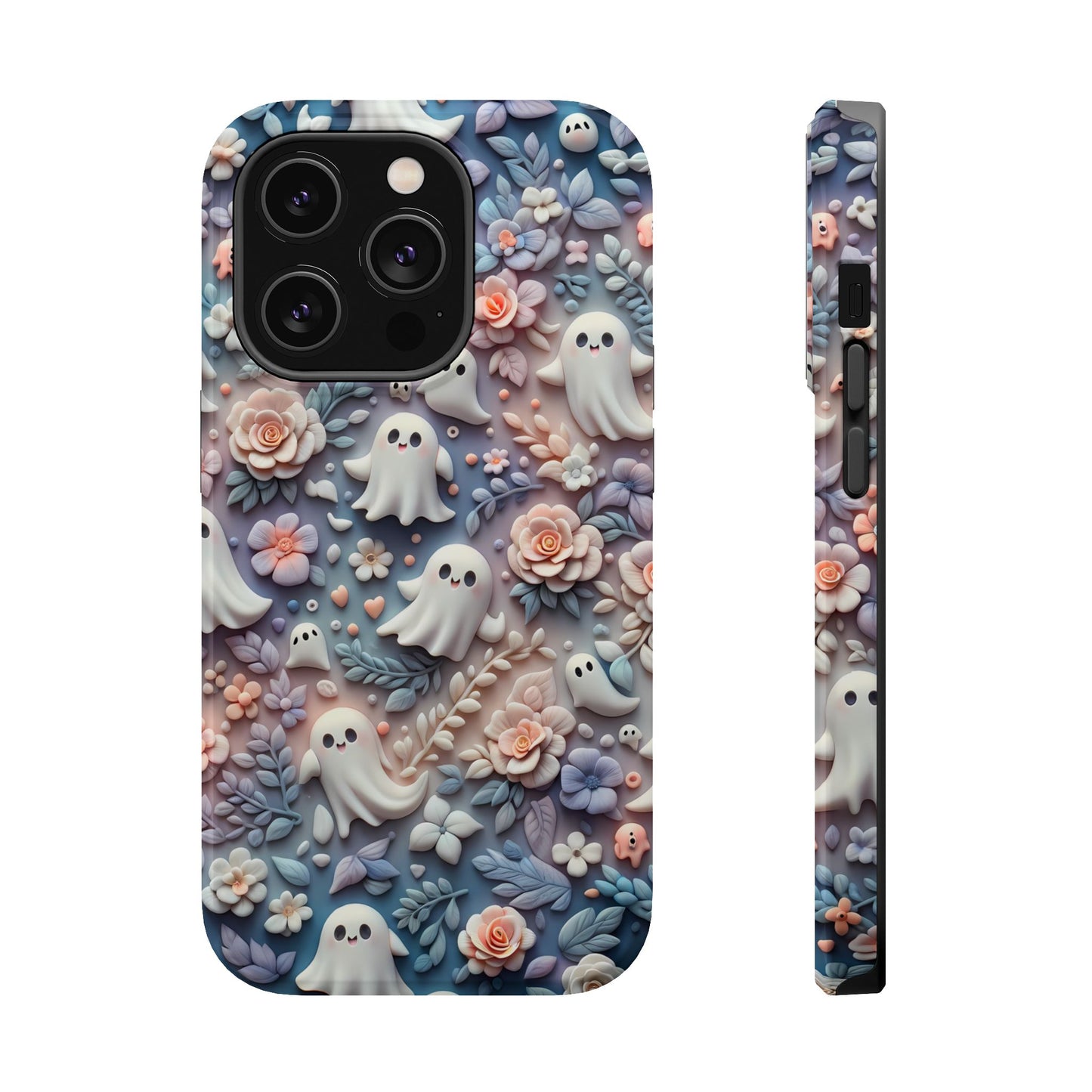 Cute MagSafe Ghosts Flowers Phone Case | Ethereal Clay Style | Autumn and Halloween Aesthetic | Tough Dual Layer Protection