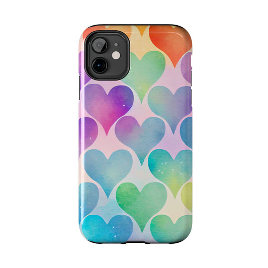 Rainbow Hearts Watercolor iPhone Case – Slim Design, Glossy Finish