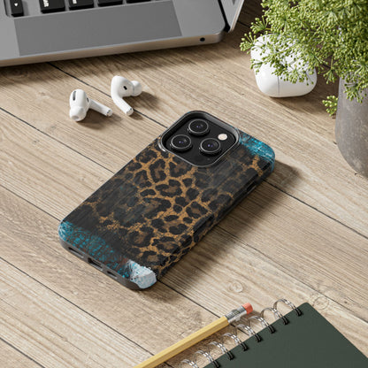 Boho Leopard and Turquoise Tough iPhone Case – Rustic Western Design with Dual-Layer Protection