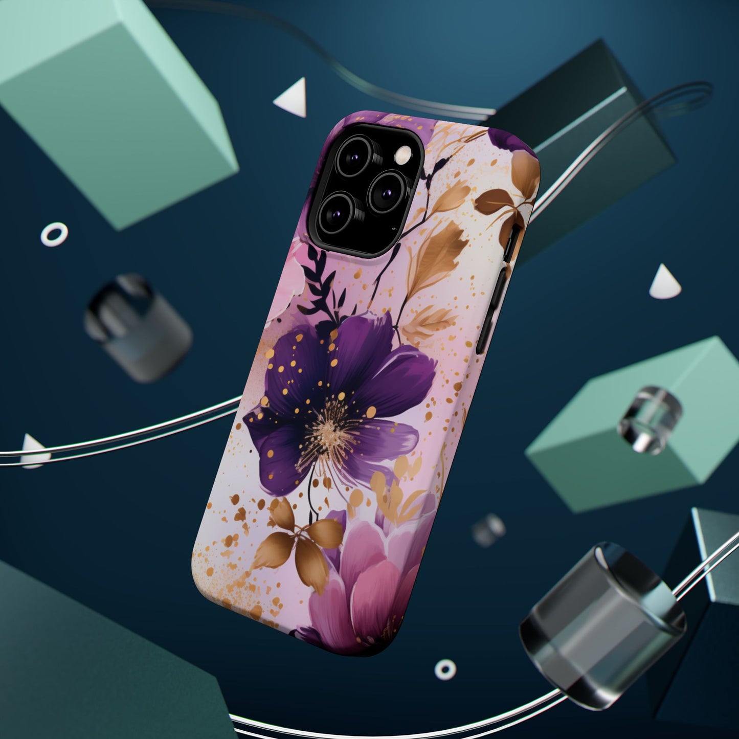 Elegant Purple & Gold Floral MagSafe iPhone Case - Luxe Flower Design