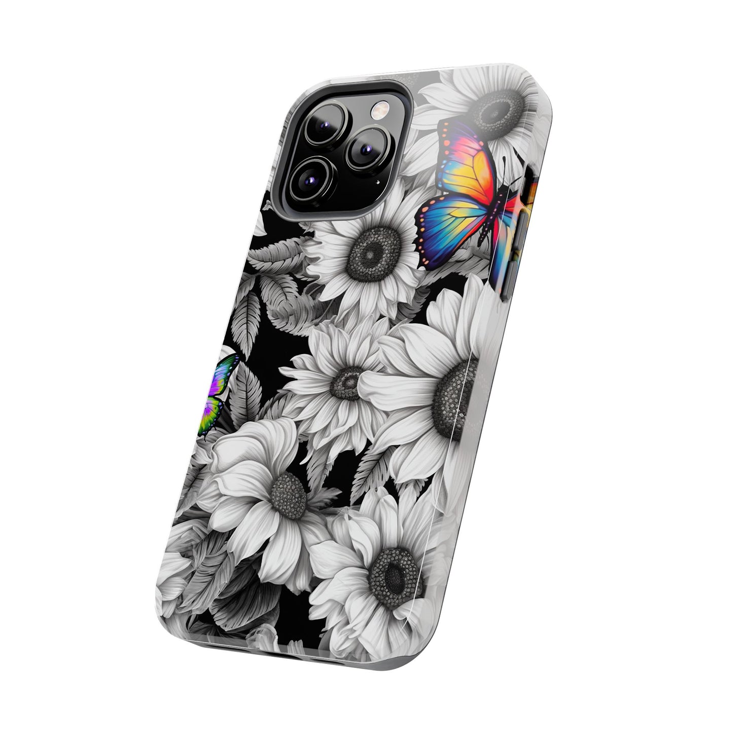 Rainbow Butterflies & Monochrome Sunflowers – iPhone Case