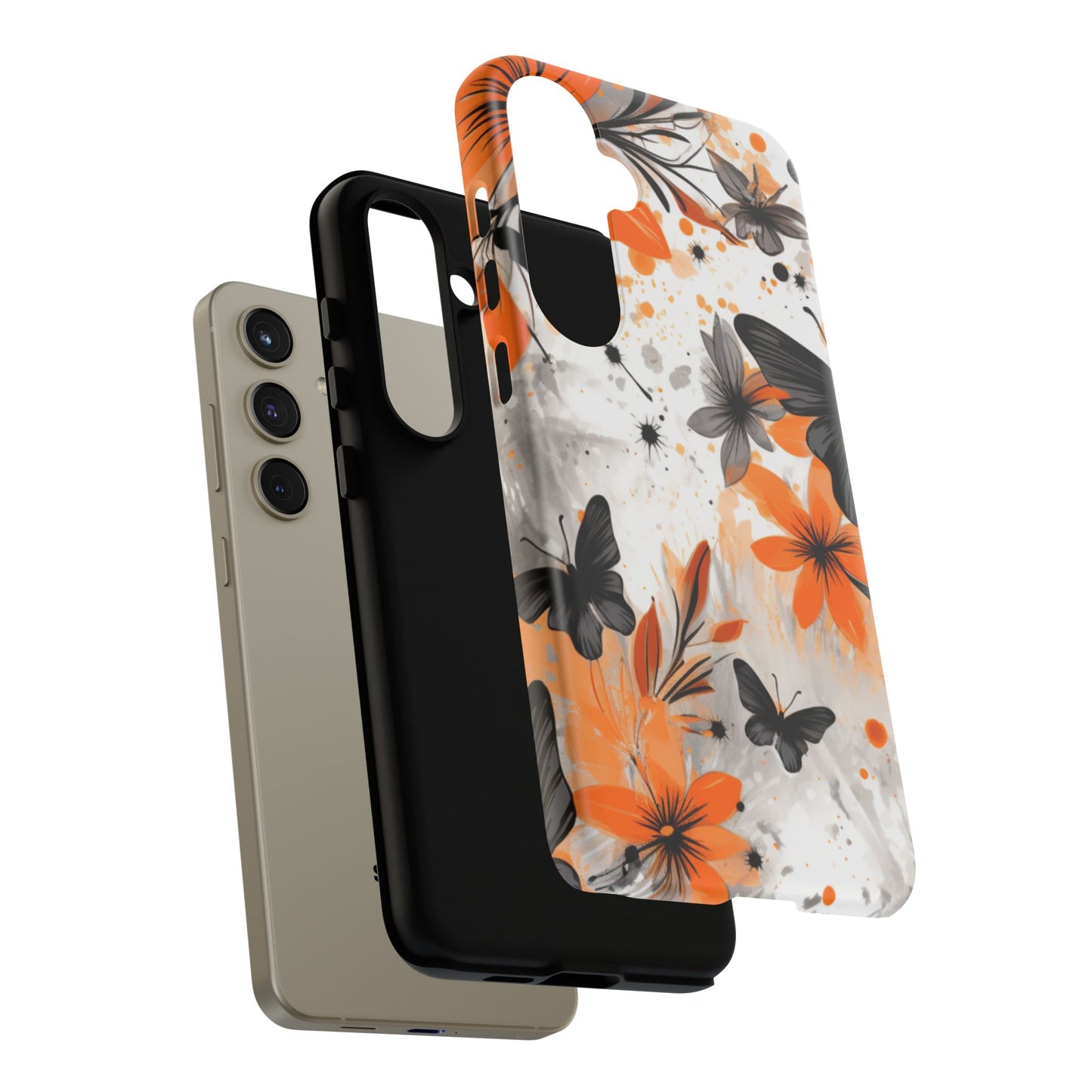 Orange Blossom & Black Butterfly Samsung Galaxy Case – Bold Floral Pattern with Modern Abstract Style