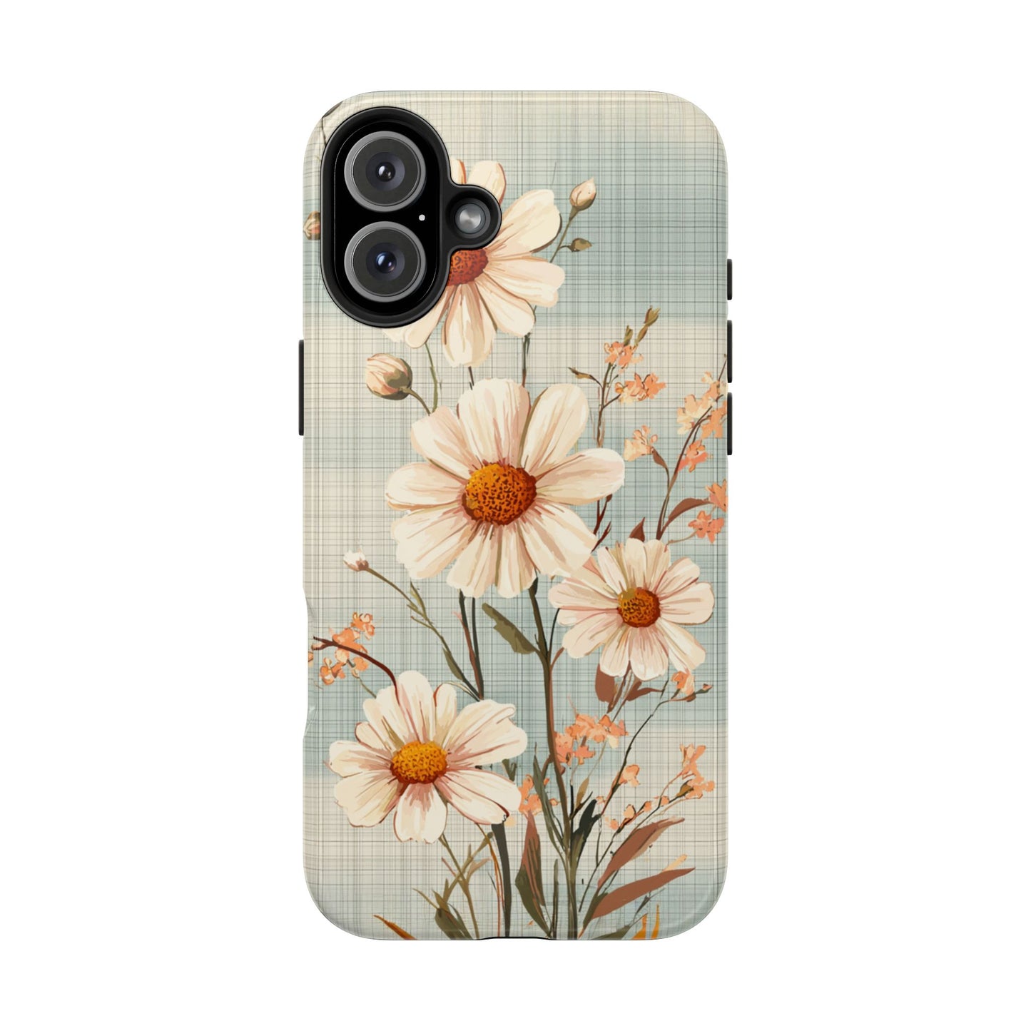 Vintage Plaid & Daisy Floral Tough iPhone Case – Dual-Layer Protection with Retro Flower Design