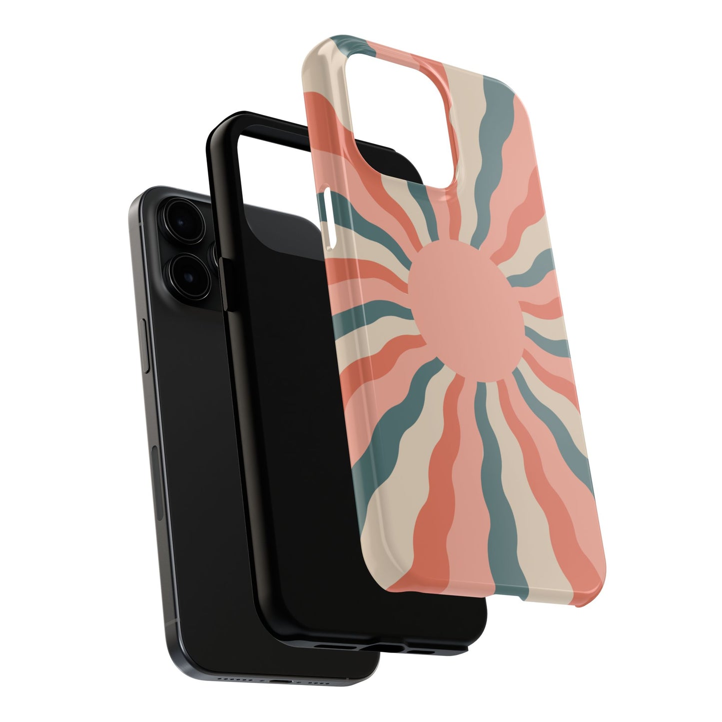 Retro Sunburst iPhone Case – Bold 70s-Inspired Waves in Coral, Teal, and Cream