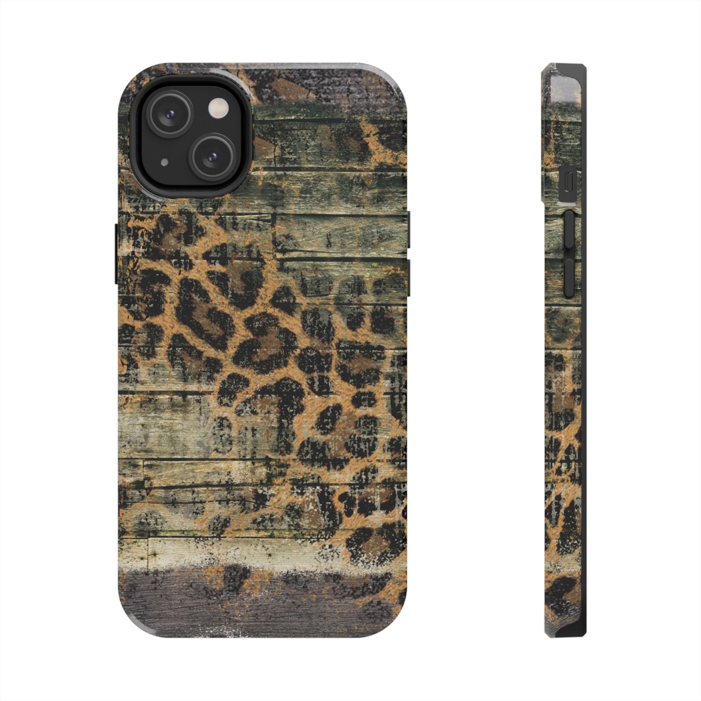 Rustic Wood and Leopard Print Tough iPhone Case – Distressed Western Design with Dual-Layer Protection