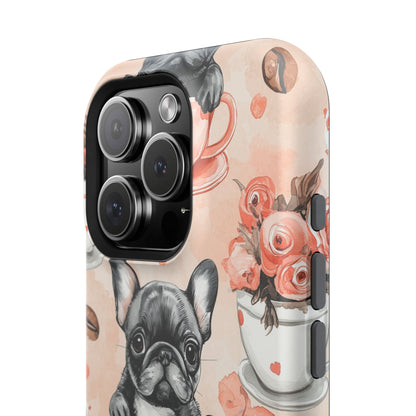 French Bulldogs in Heart Teacups MagSafe iPhone Case – Cute Dog & Floral Design, Shockproof Protection