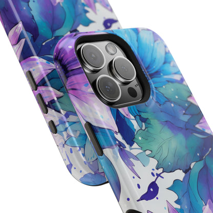 Purple & Teal Watercolor Floral MagSafe iPhone Case - Artistic Flower Design