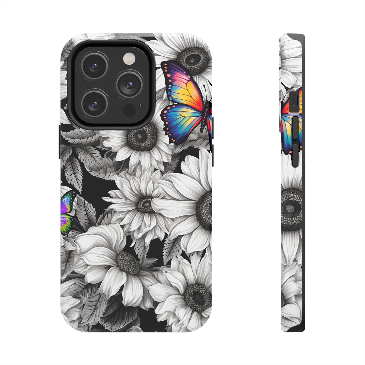 Rainbow Butterflies & Monochrome Sunflowers – iPhone Case