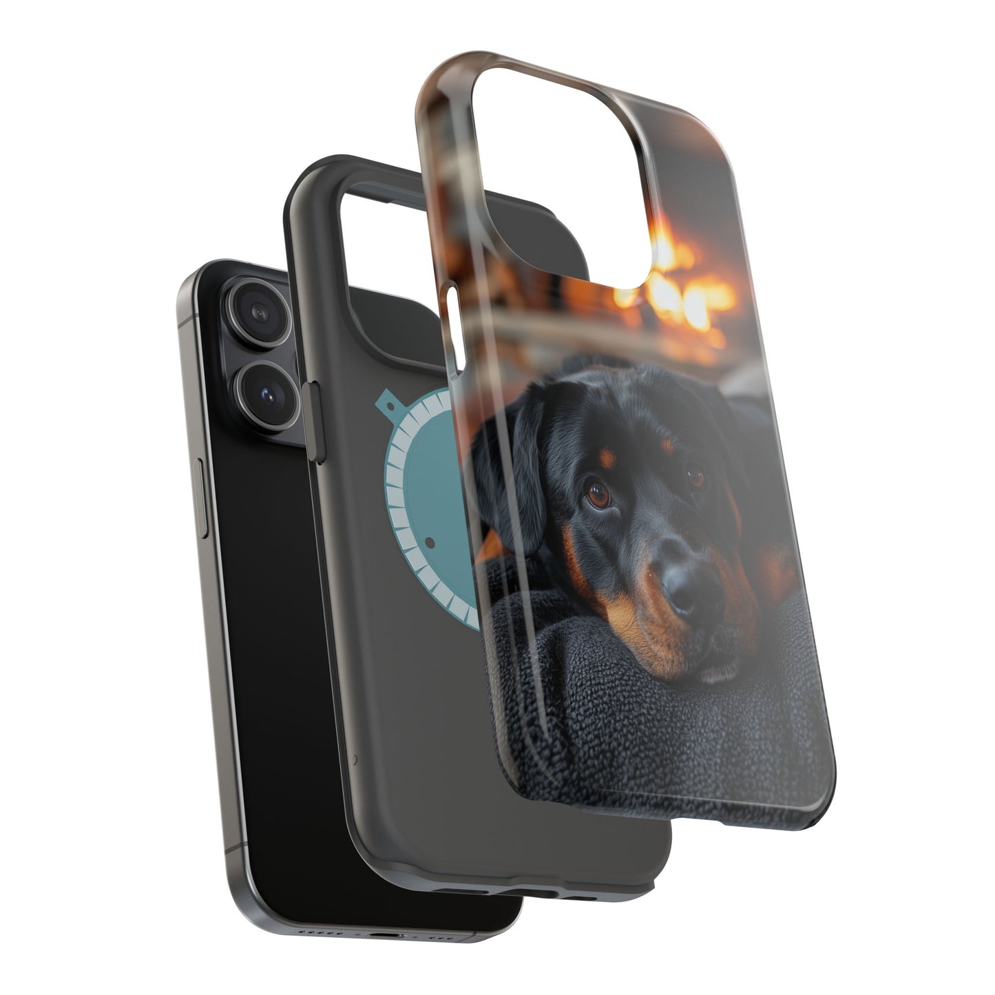 Charming Rottweiler by the Fireplace MagSafe iPhone Case – Cozy & Functional Design