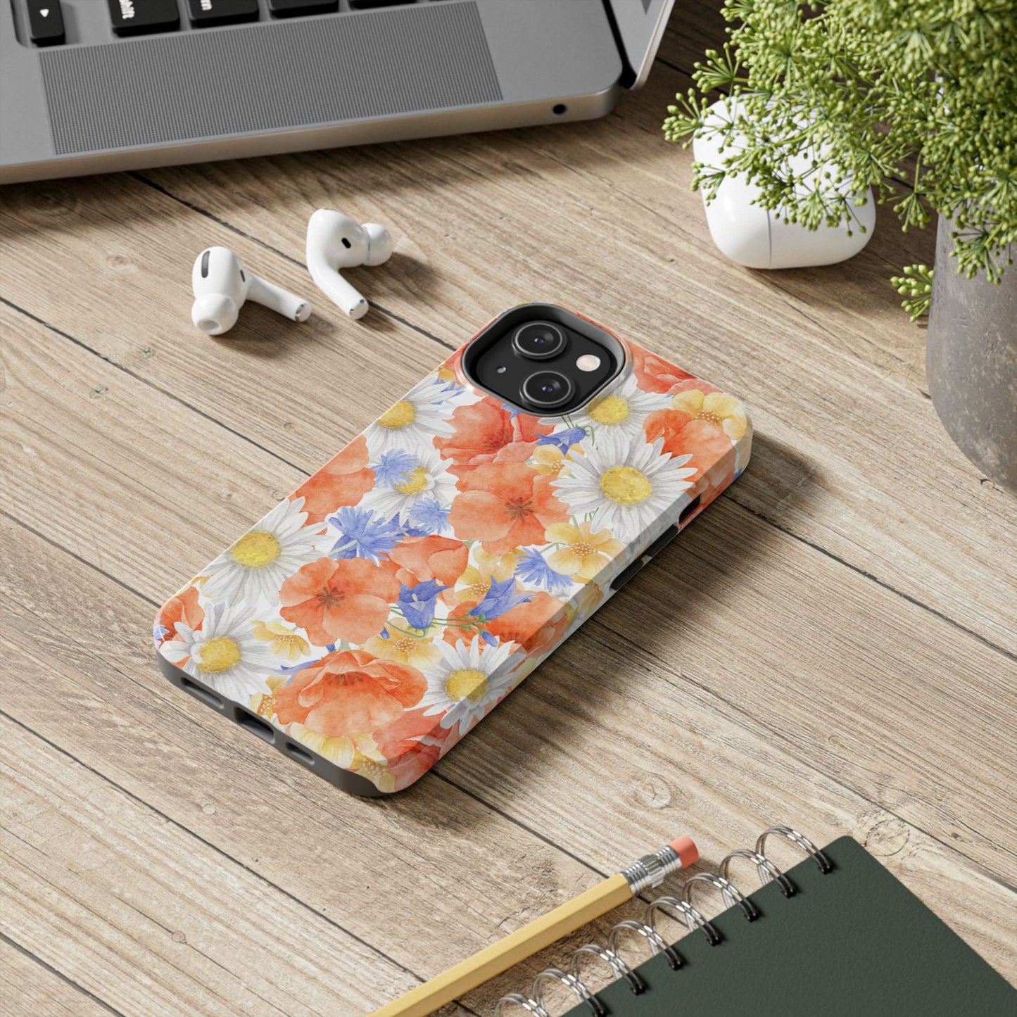 Watercolor Wildflower Pattern iPhone Case – Durable Matte Finish with Daisy, Poppy & Cornflower Design