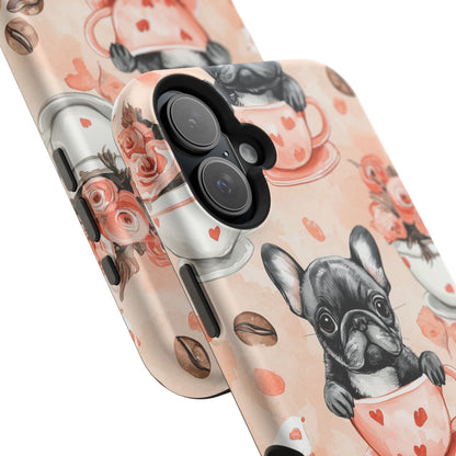 French Bulldogs in Heart Teacups MagSafe iPhone Case – Cute Dog & Floral Design, Shockproof Protection