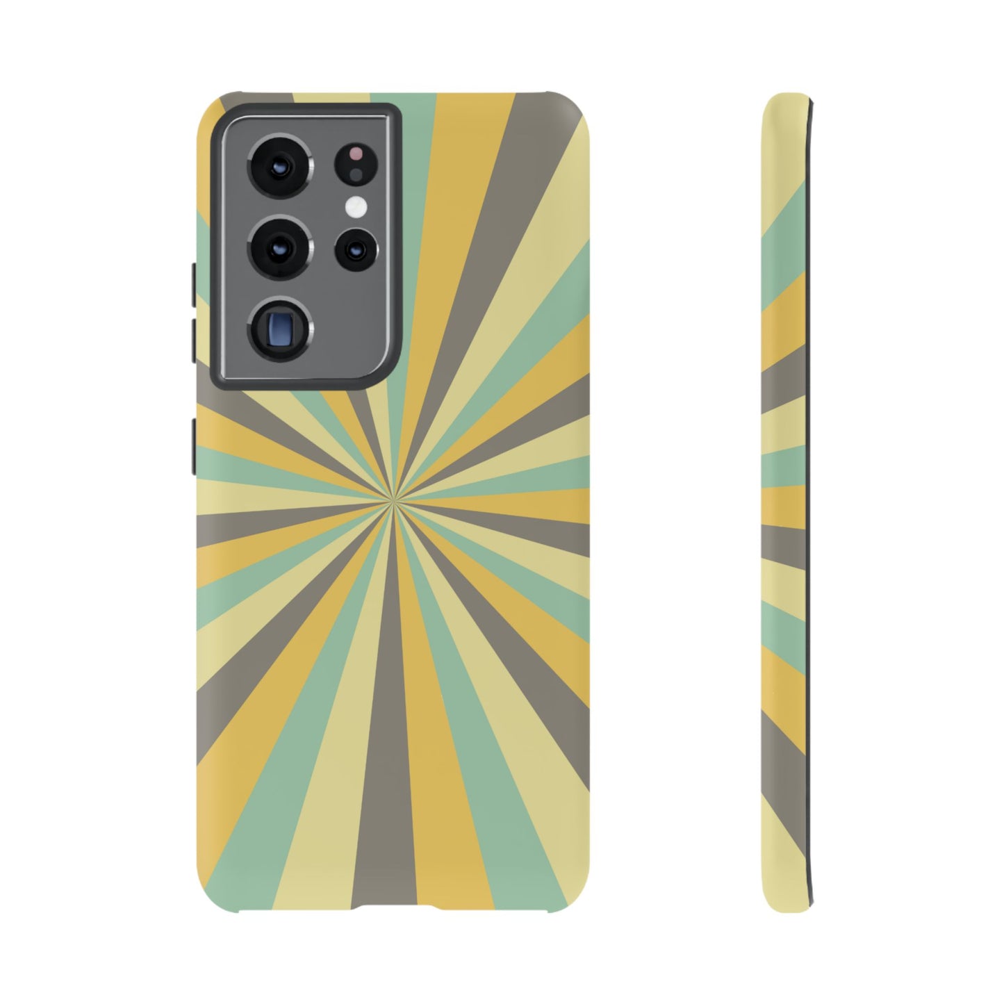 Vintage Sunburst Rays Samsung Galaxy Case – Bold 70s-Inspired Burst in Yellow, Mint, and Gray