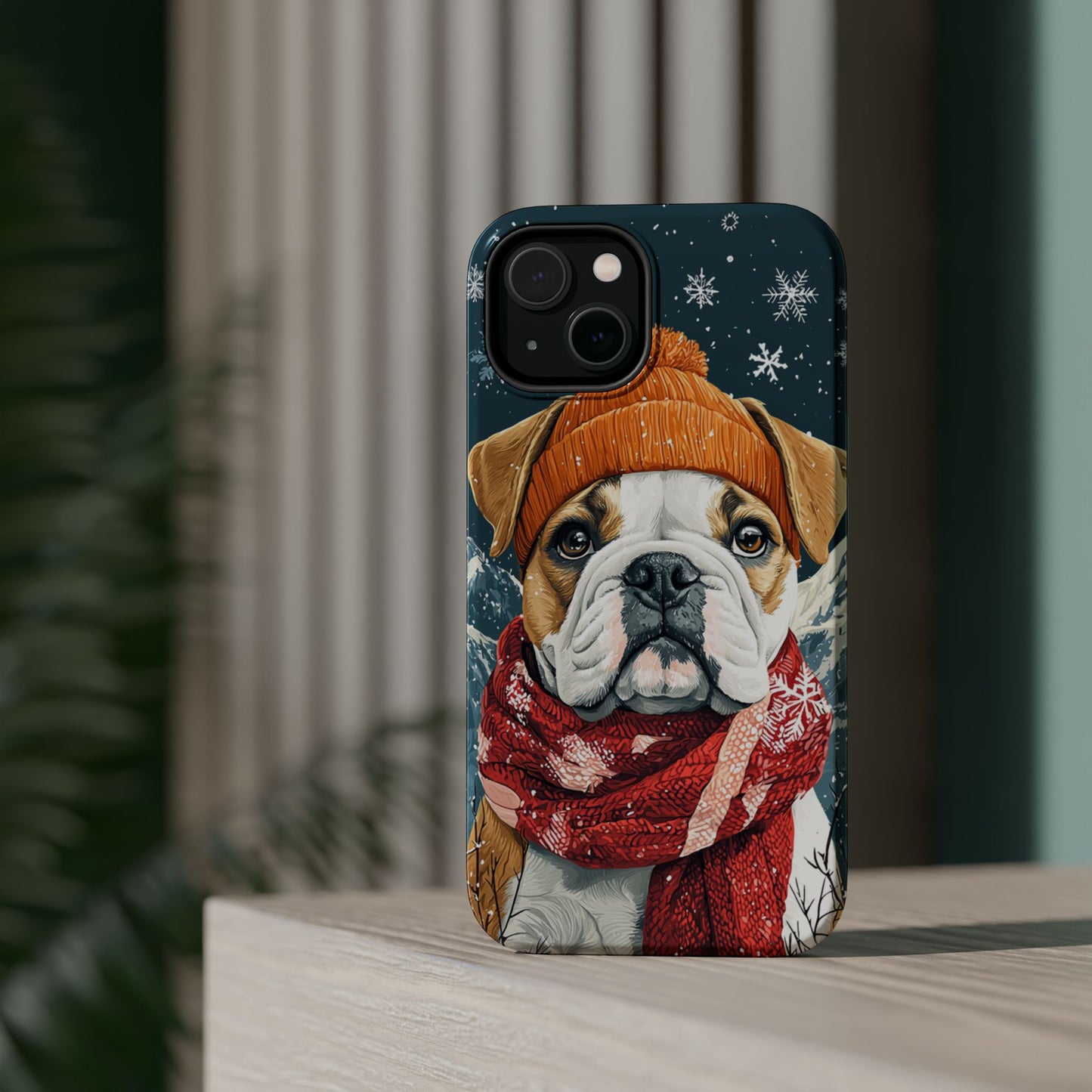 Cozy French Bulldog MagSafe iPhone Case – Rustic Fireplace Protective Cover