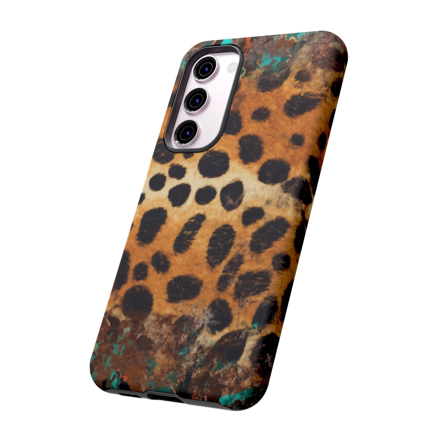 Rustic Leopard Print Tough Samsung Galaxy Case – Distressed Turquoise and Animal Pattern with Dual-Layer Protection