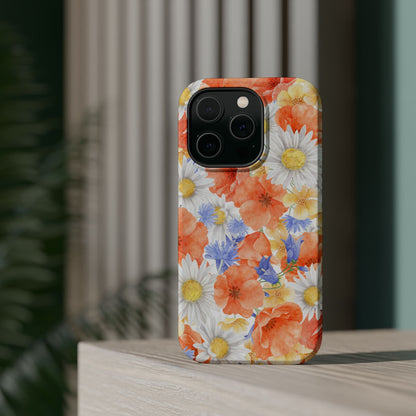 Watercolor Wildflower Pattern MagSafe iPhone Case – Durable Matte Finish with Daisy, Poppy & Cornflower Design