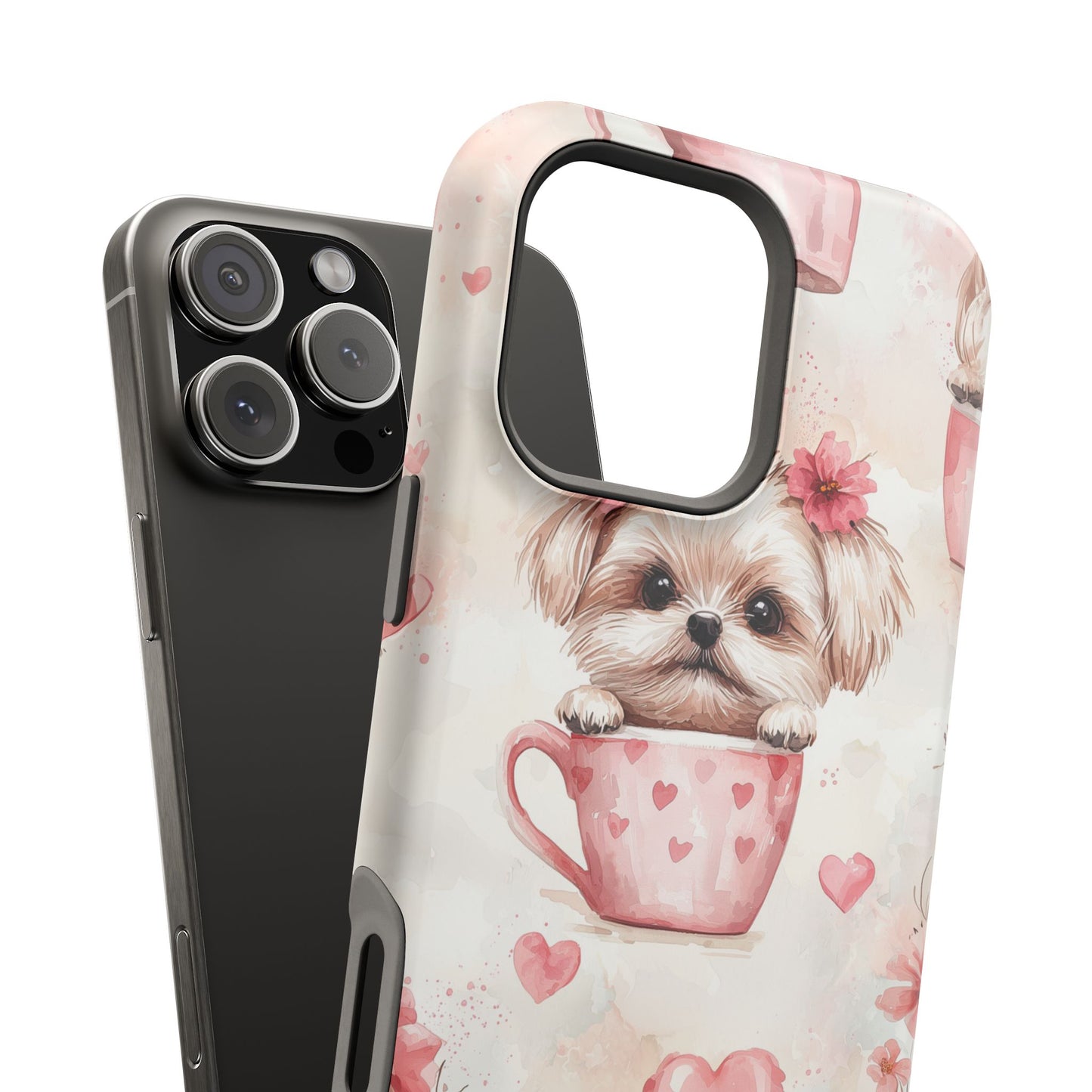 Floral Puppy in Teacup MagSafe iPhone Case – Cute Pink Flower Design, Tough Dual-Layer Protection