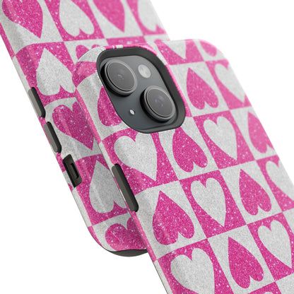 Pink Glitter Heart Checkered Pattern MagSafe Case