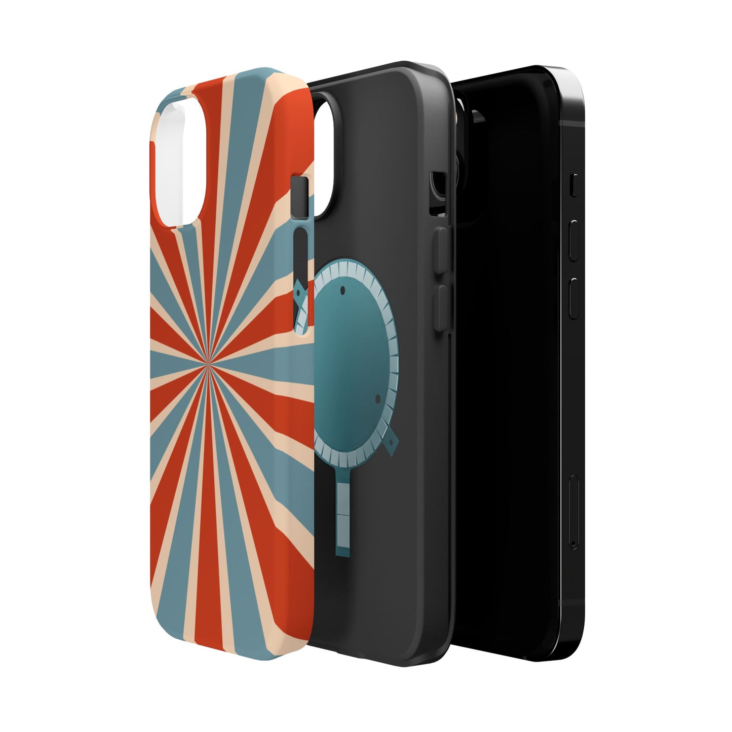 Vintage Blue & Red Sunburst MagSafe iPhone Case – Bold Geometric Pattern, Shock-Resistant Cover