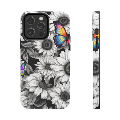 Rainbow Butterflies & Monochrome Sunflowers – iPhone Case