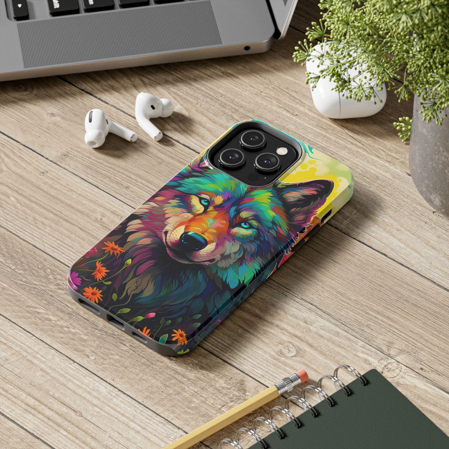 Rainbow Wolf in Bloom – iPhone Case with Vivid Nature Design