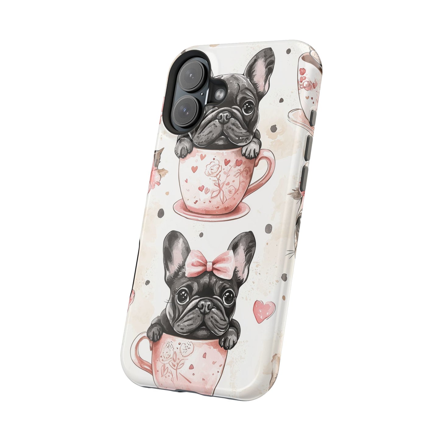 French Bulldogs in Teacups MagSafe iPhone Case – Cute Dog Design with Hearts & Bows, Shockproof & Slim