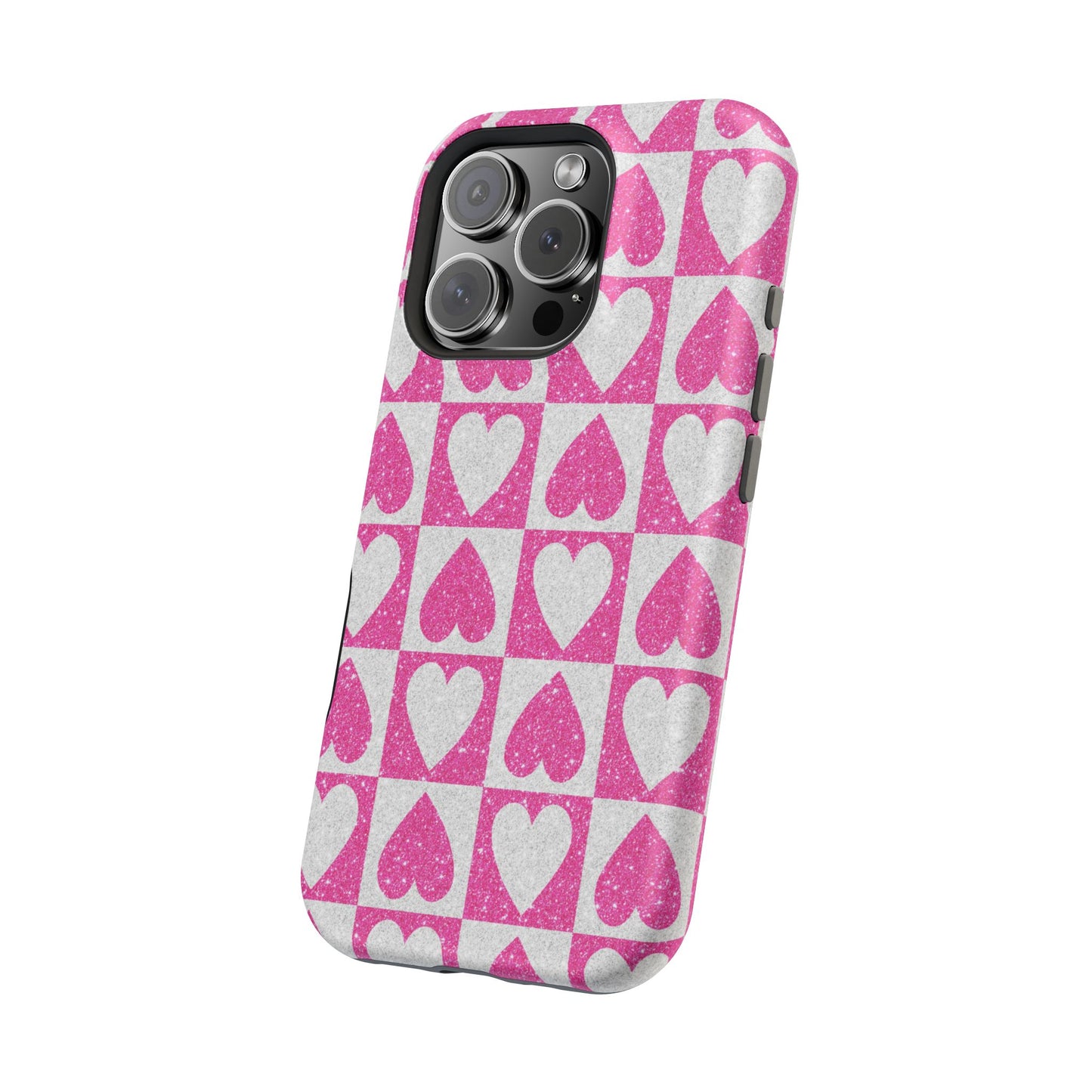 Pink Glitter Heart Checkered Pattern MagSafe Case