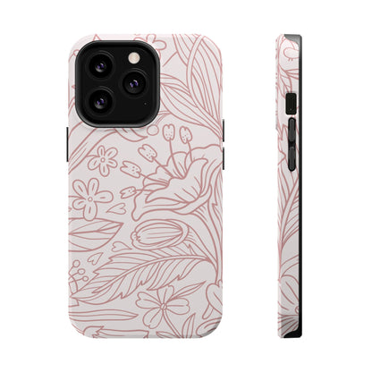 Blush Floral Line Art Tough MagSafe iPhone Case – Delicate Minimalist Design with Dual-Layer Protection