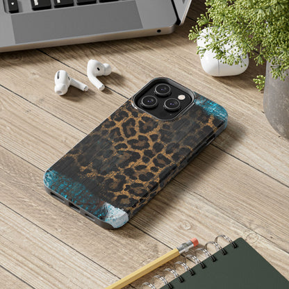 Boho Leopard and Turquoise Tough iPhone Case – Rustic Western Design with Dual-Layer Protection