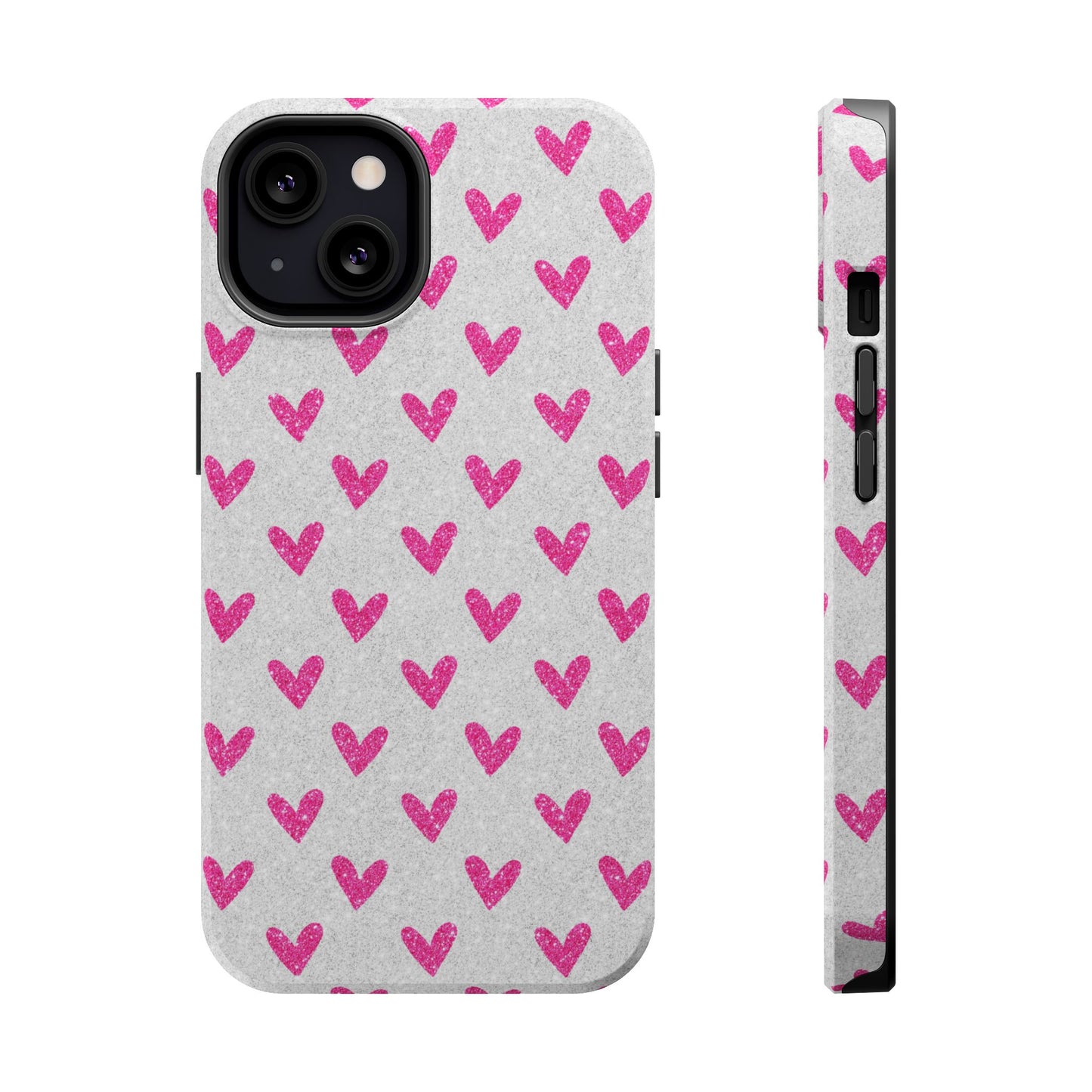 Pink Hearts on Glitter Silver – MagSafe iPhone Case