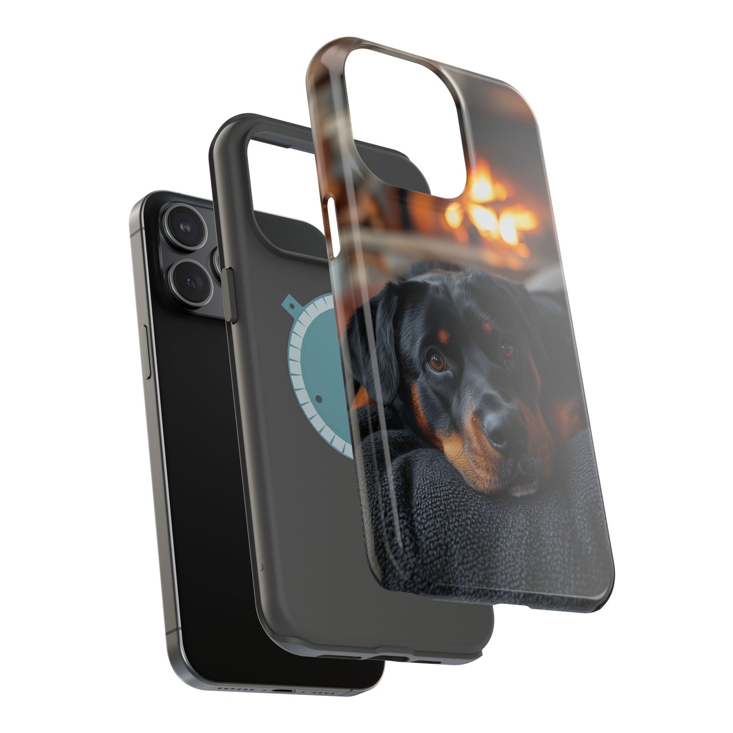 Charming Rottweiler by the Fireplace MagSafe iPhone Case – Cozy & Functional Design