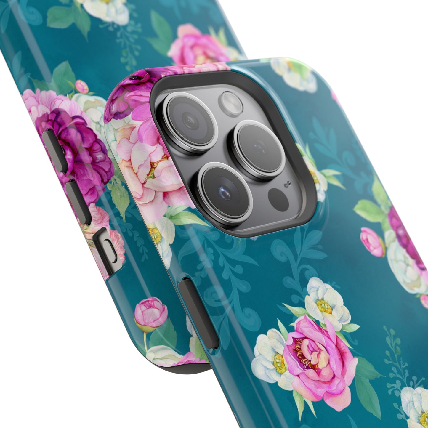 Elegant Peony Bouquet MagSafe iPhone Case – Deep Teal Background with Romantic Floral Design