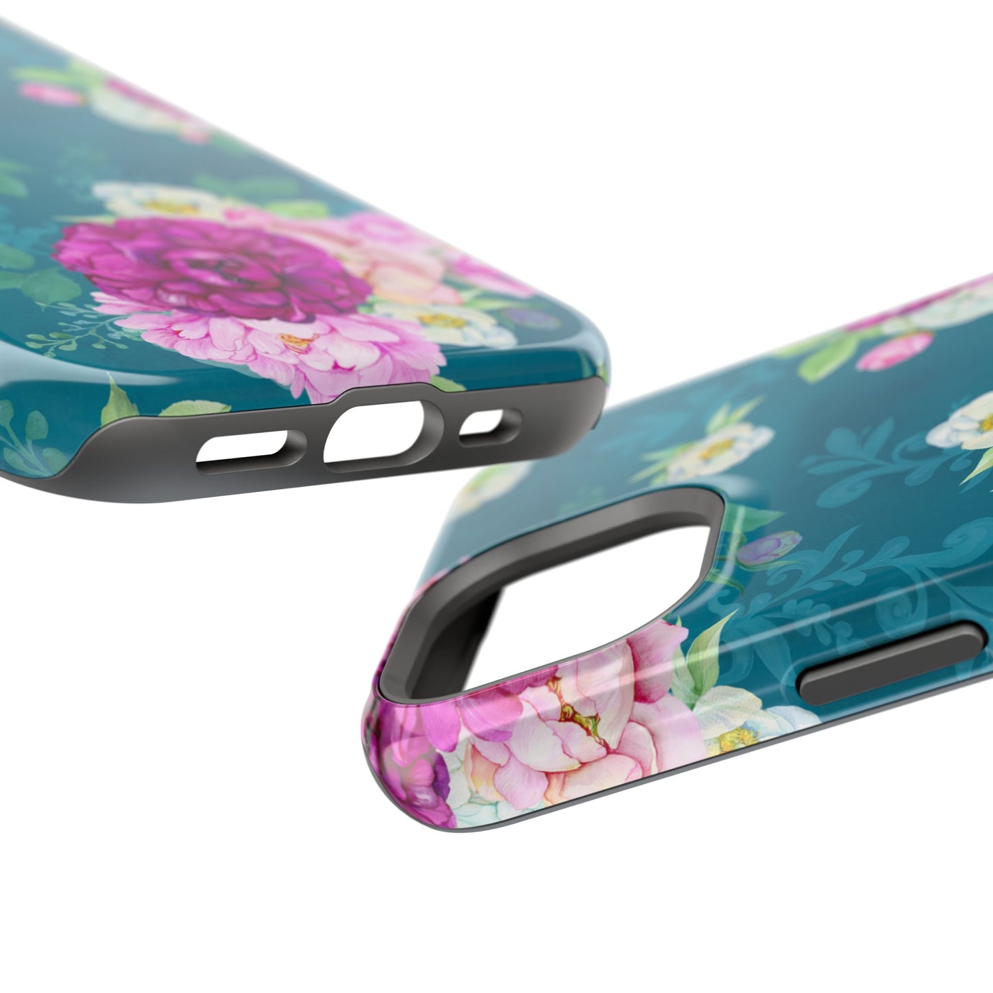 Elegant Peony Bouquet MagSafe iPhone Case – Deep Teal Background with Romantic Floral Design