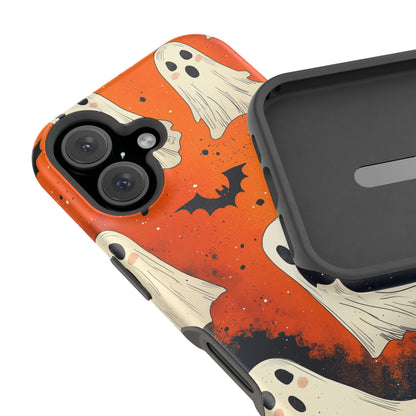 Spooky Ghosts & Bats  MagSafe iPhone Case – Vibrant Orange Halloween Design