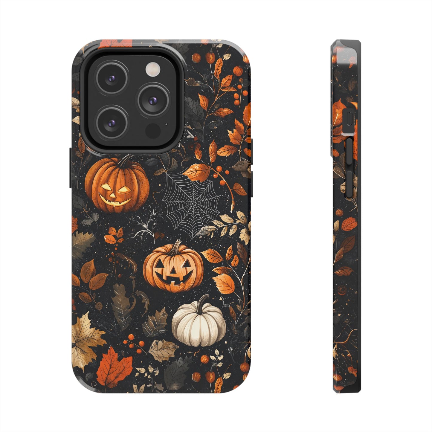 Elegant Halloween iPhone Case – Pumpkin Jack-o'-Lanterns, Cobwebs & Autumn Foliage Design