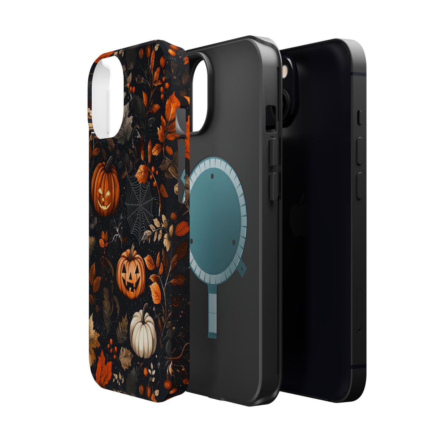 Elegant Halloween MagSafe iPhone Case – Pumpkin Jack-o'-Lanterns, Cobwebs & Autumn Foliage Design