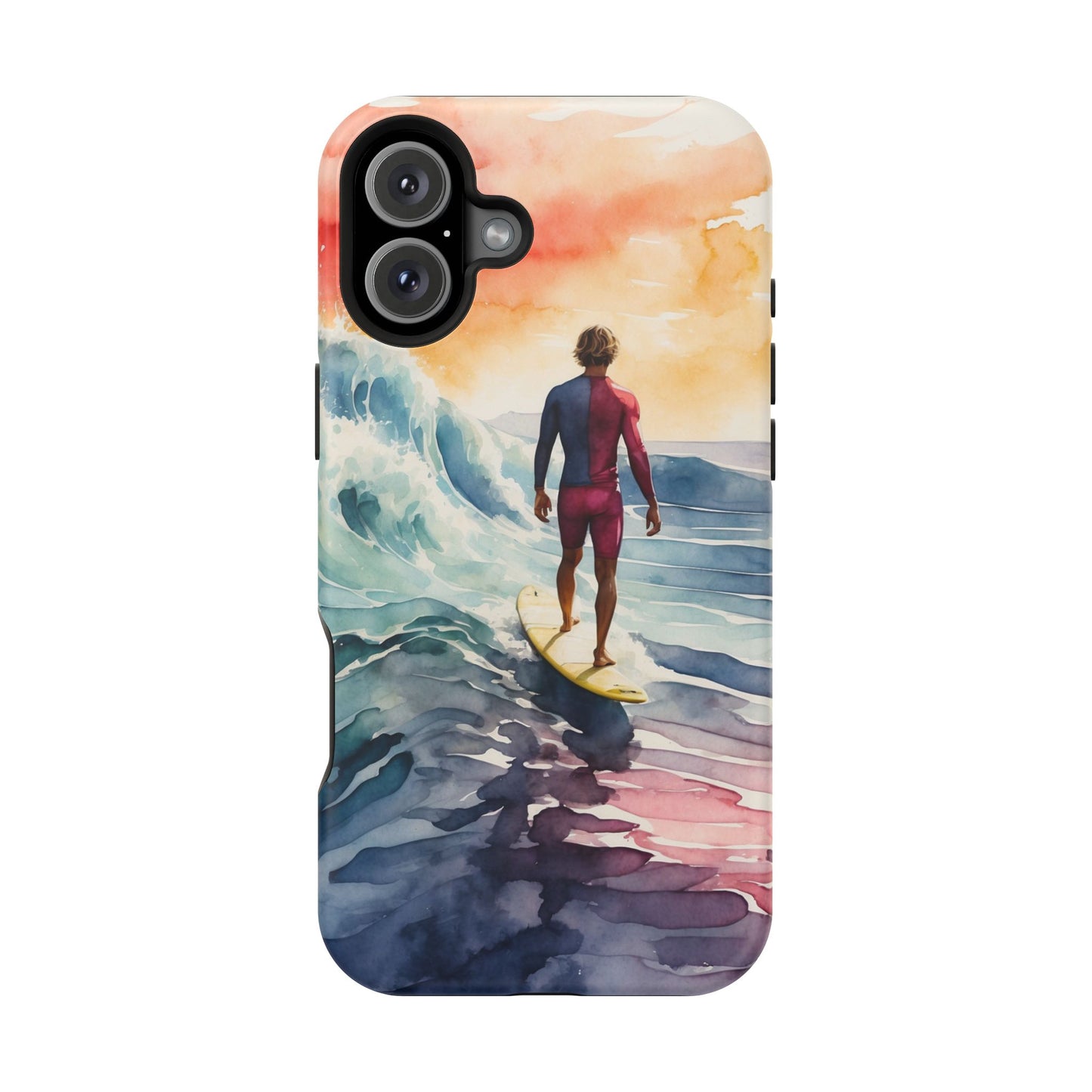 Surfer’s Sunset Wave MagSafe iPhone Case – Vibrant Watercolor Design