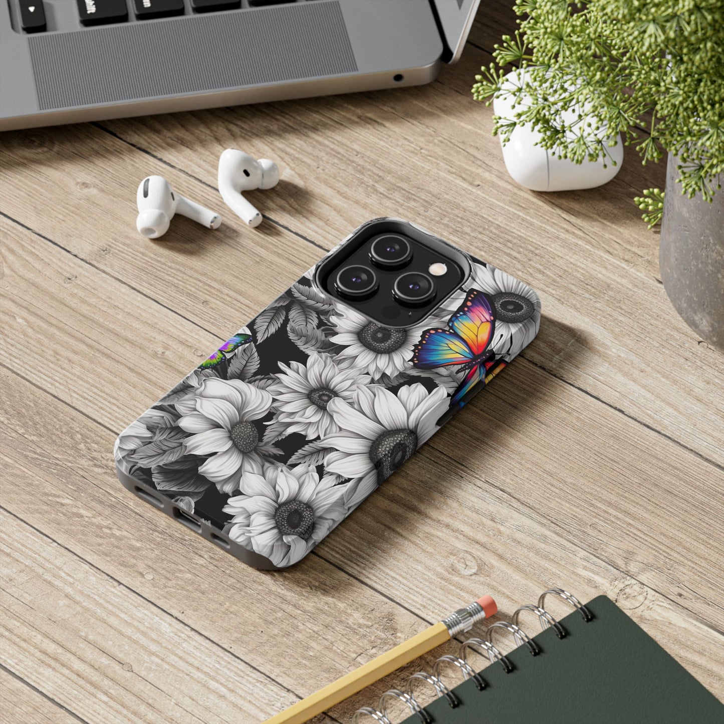 Rainbow Butterflies & Monochrome Sunflowers – iPhone Case