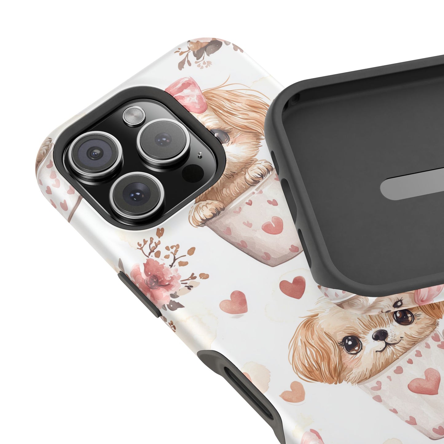 Cute Puppies in Heart MagSafe iPhone Case – Adorable Dog & Floral Design, Shockproof & Slim