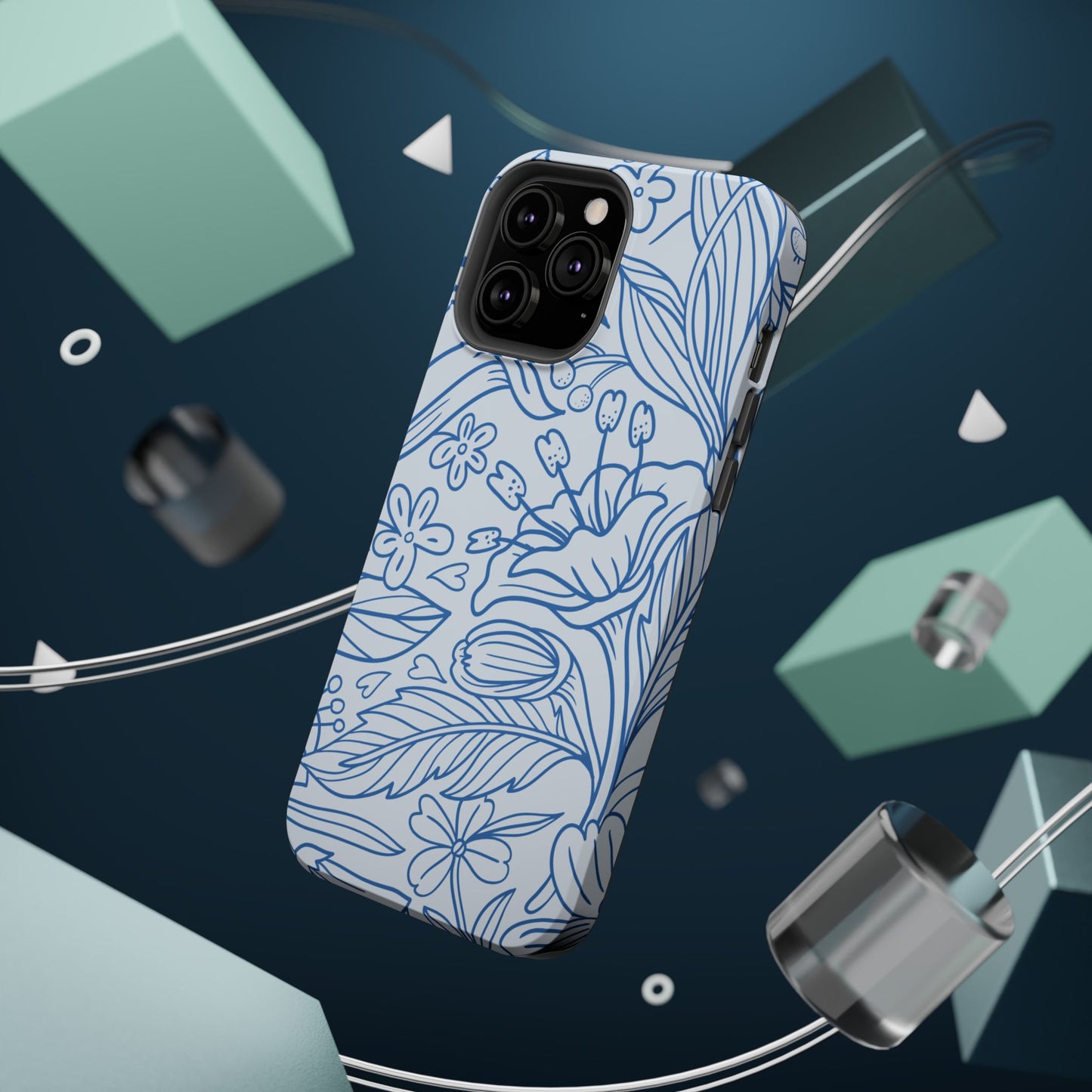 Dusty Blue Floral Line Art Tough MagSafe iPhone Case – Minimalist Botanical Design with Dual-Layer Protection