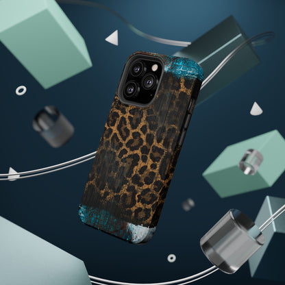 Boho Leopard and Turquoise Tough MagSafe iPhone Case – Rustic Western Design with Dual-Layer Protection