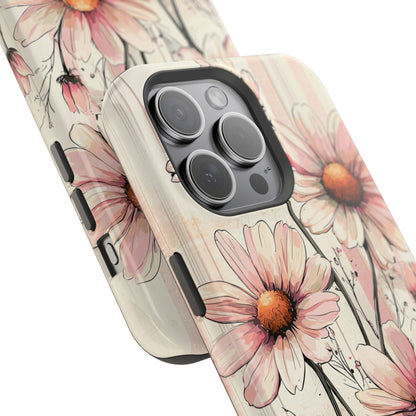 Pastel Pink Daisy MagSafe iPhone Case - Elegant Floral Plaid Protective Cover