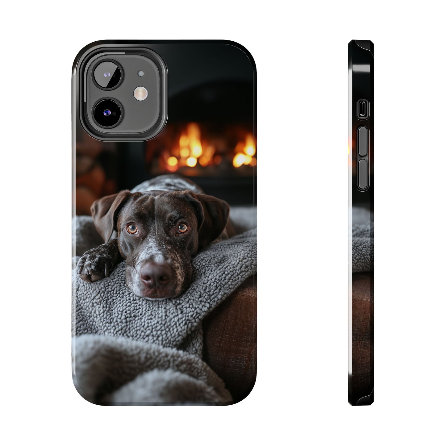 Cozy German Shorthaired Pointer iPhone Case – Rustic Fireplace Protective Cover