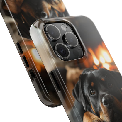 Cozy Rottweiler by the Fireplace iPhone Case – Warm Rustic Design