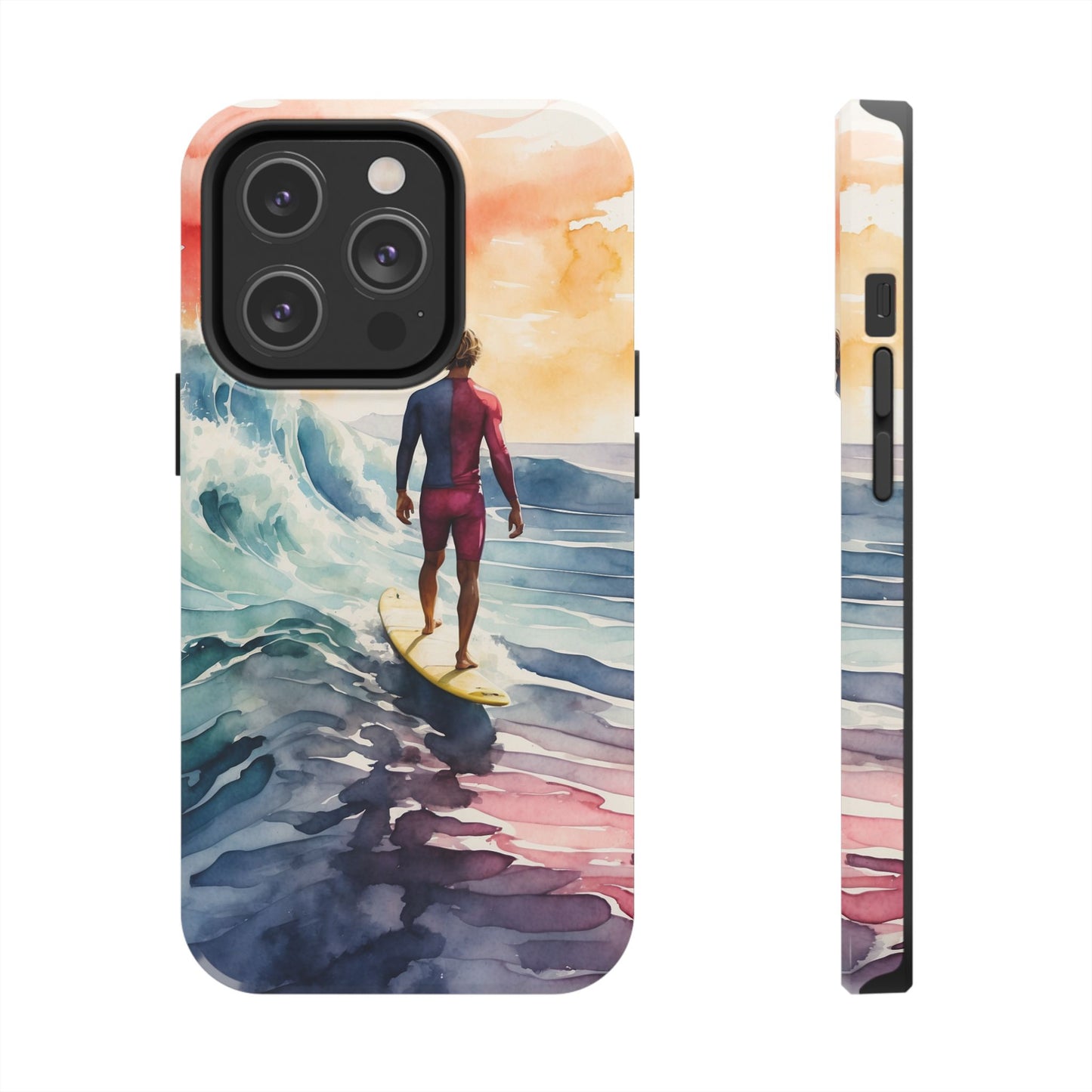 Surfer’s Sunset Wave iPhone Case – Vibrant Watercolor Design